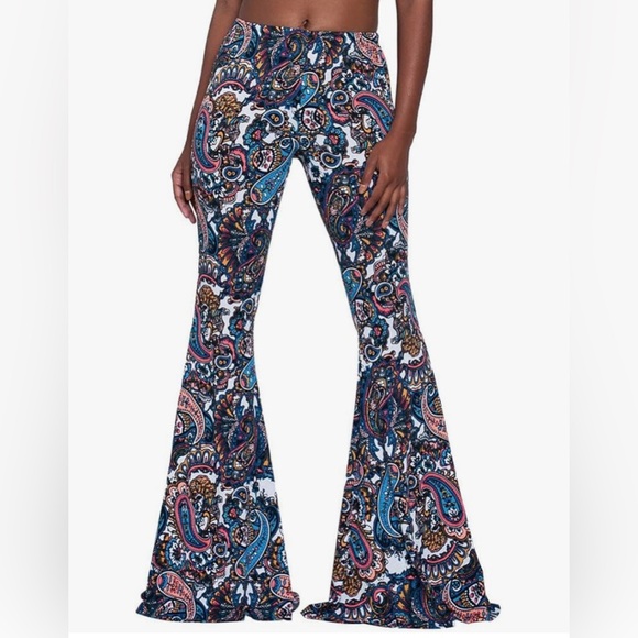 Women's Colorful Paisley Print Wide Bell Bottom Spandex Pants, Sz Medium - Picture 1 of 6